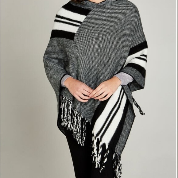 Sweaters - Black Monochrome Striped Hooded Poncho